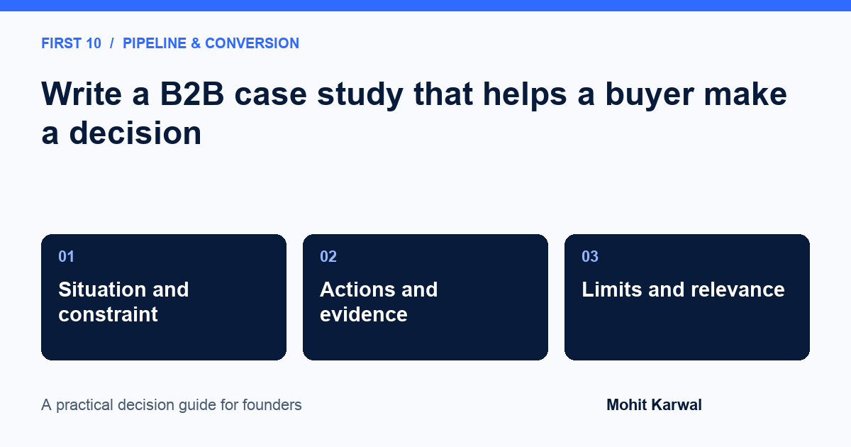 Situation and constraint. Actions and evidence. Limits and relevance. Decision framework for Write a B2B case study that helps a buyer make a decision.