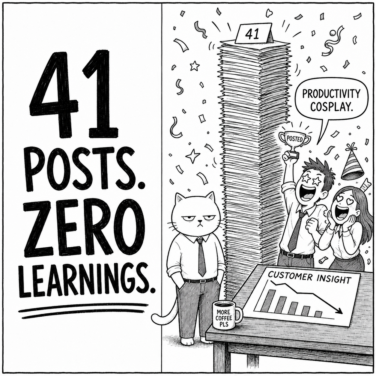 A cat reviews a pile of 41 posts with zero learnings; publishing volume is contrasted with customer insight.