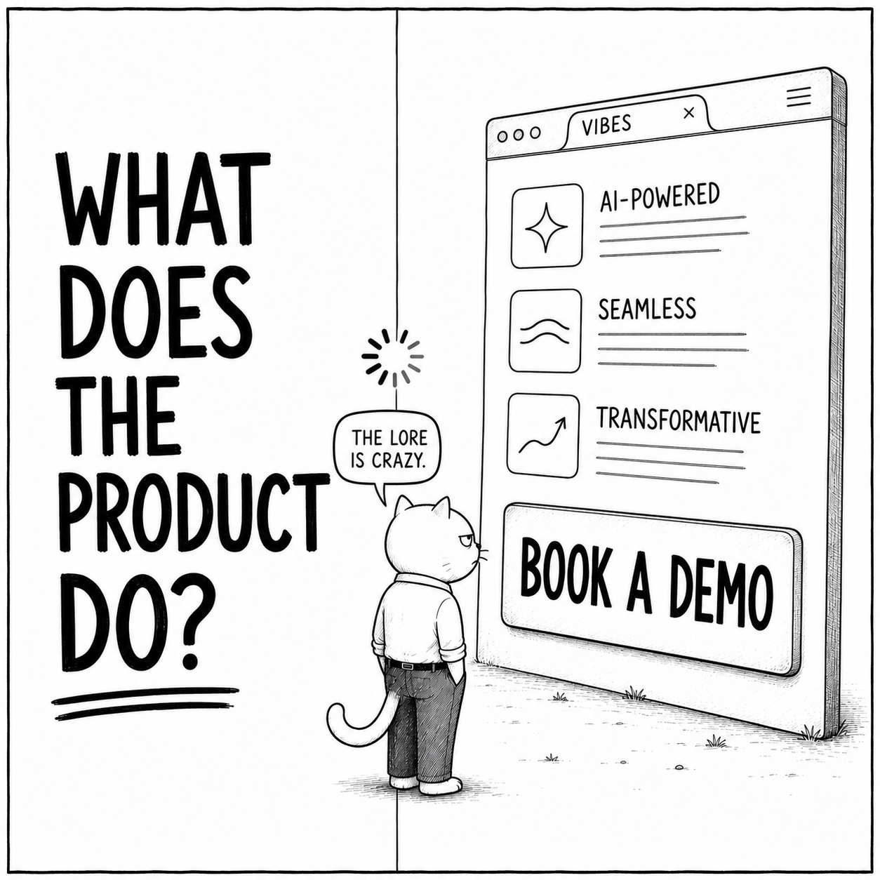 A cat questions a homepage that asks for a demo before explaining what the product does.