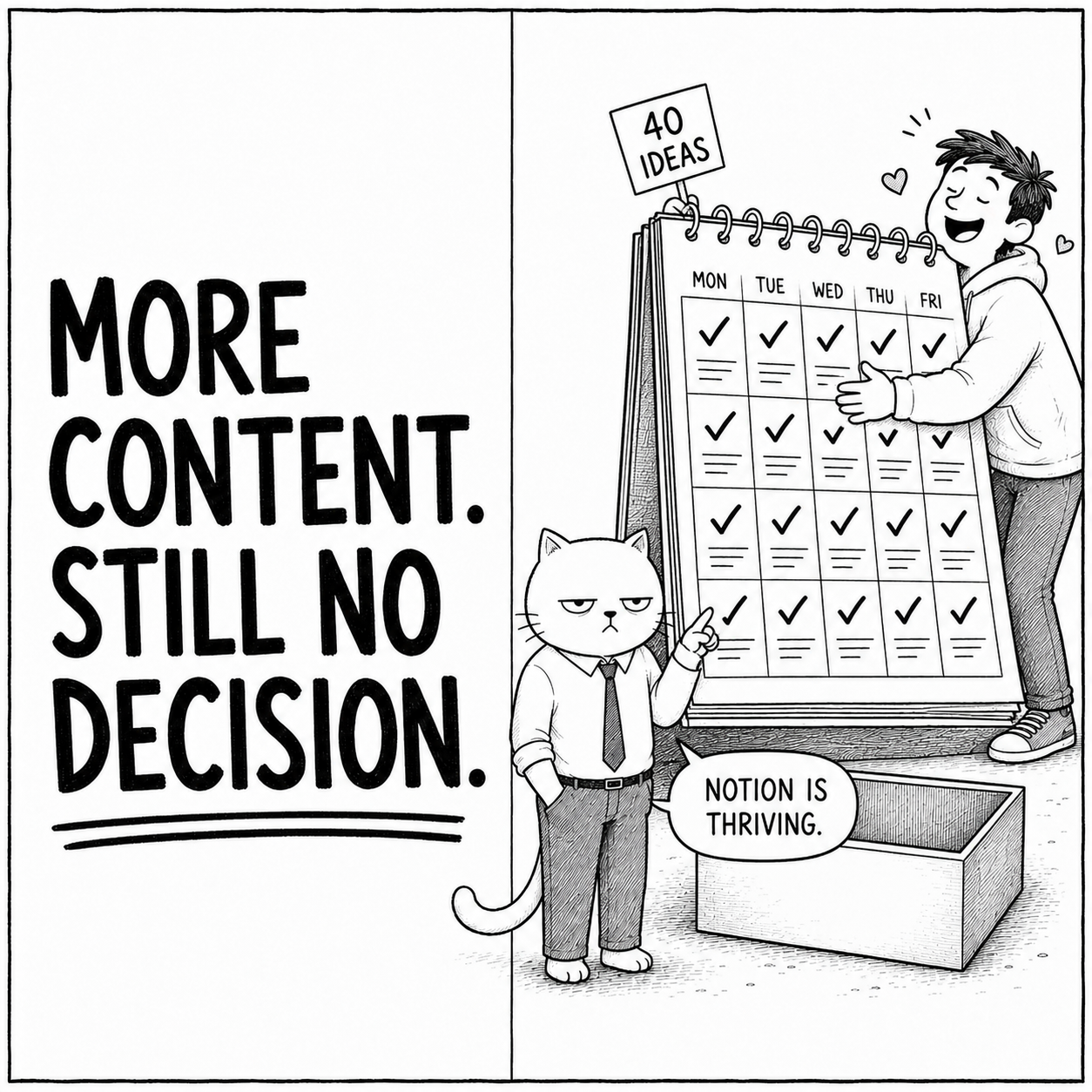 A cat investigates a content calendar while the underlying buyer decision is missing.