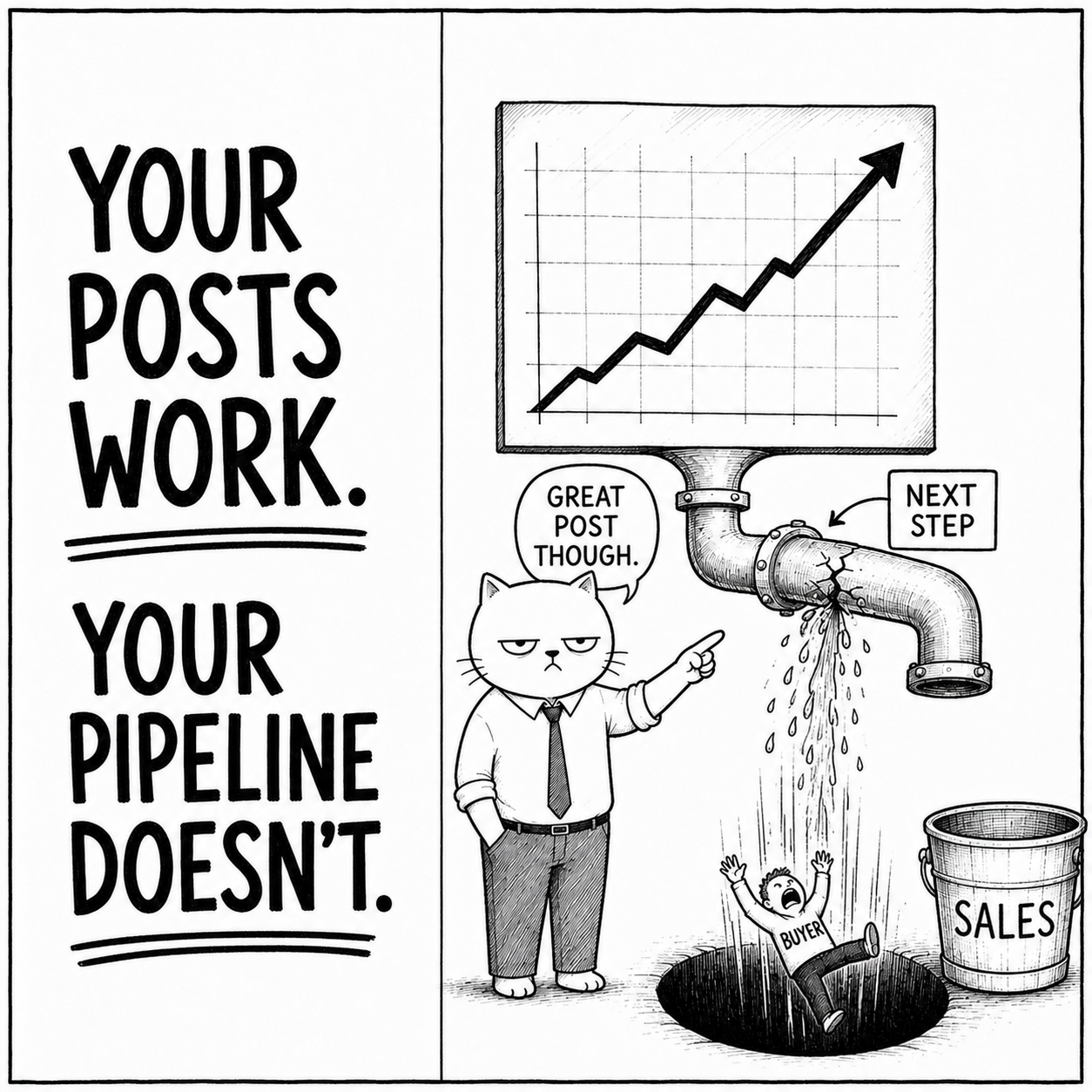 A cat points out the gap between social post performance and a working sales pipeline.