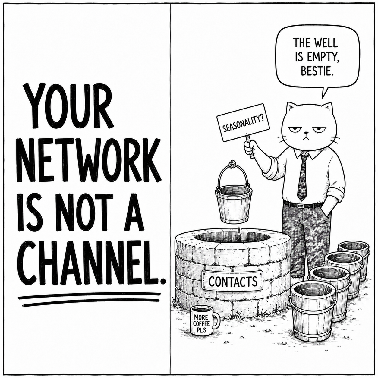 A cat separates pipeline from existing relationships from customers acquired beyond the founder network.