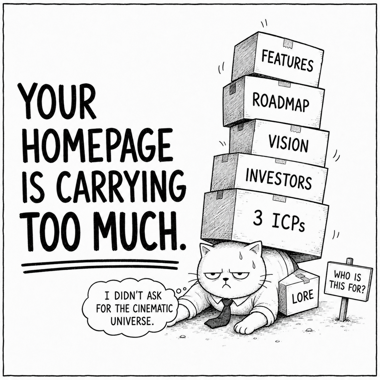 A cat examines an overloaded homepage and calls for a clearer message.