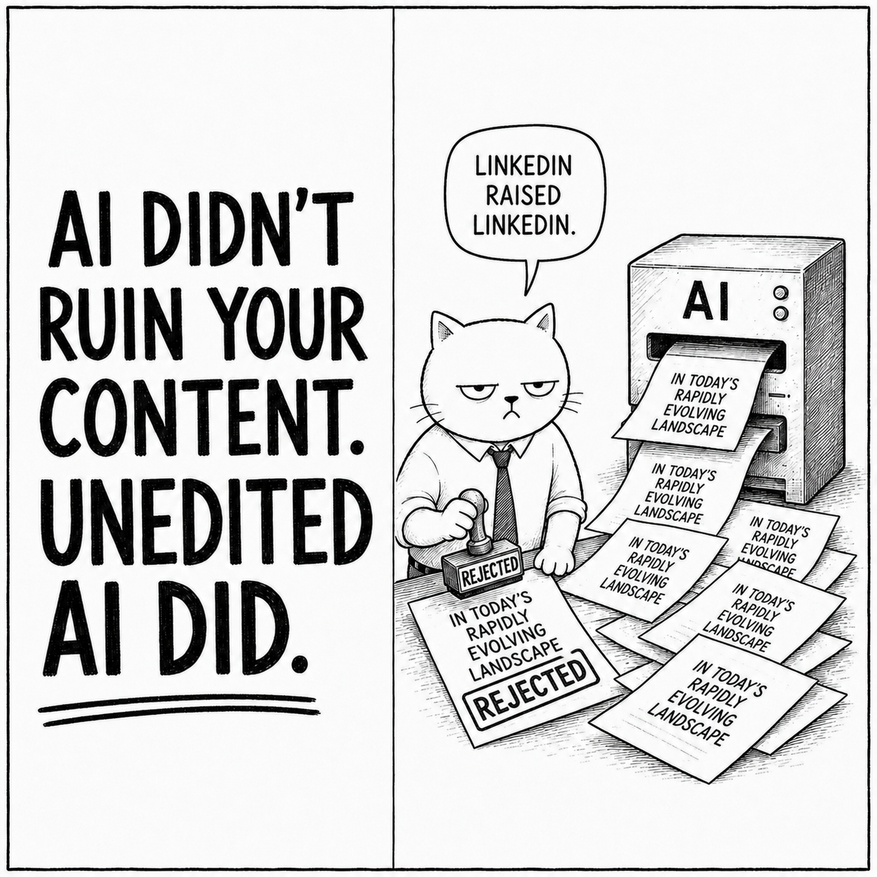 A cat reviews an unedited AI draft and challenges empty marketing language.