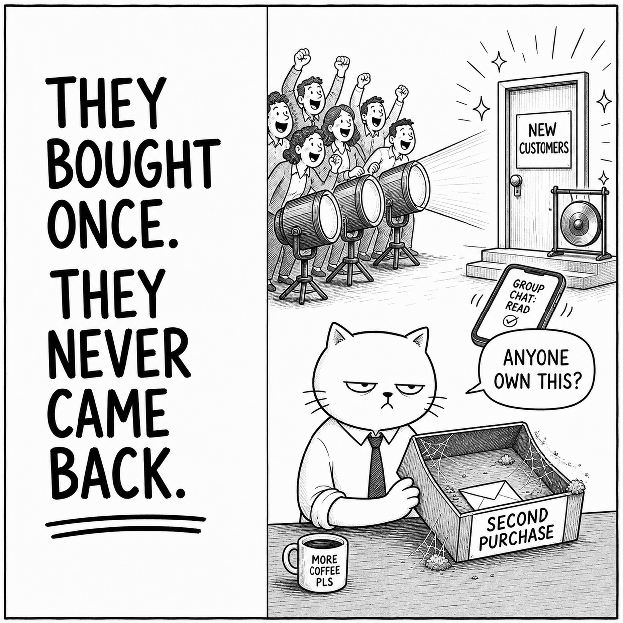 A cat investigates why first-time buyers never return for another purchase.