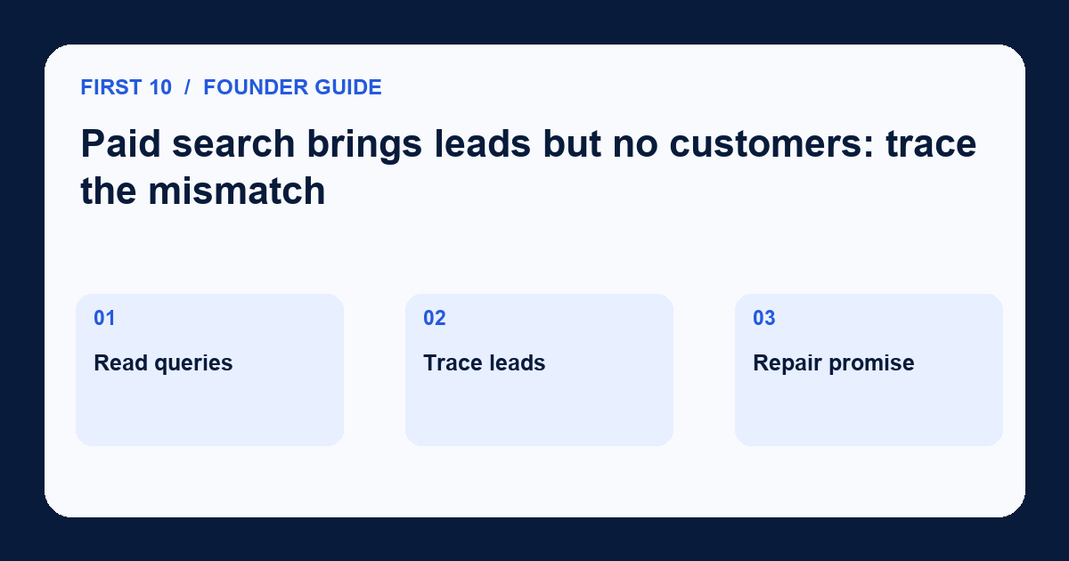 Diagram for Paid search brings leads but no customers: trace the mismatch: Read queries; Trace leads; Repair promise.