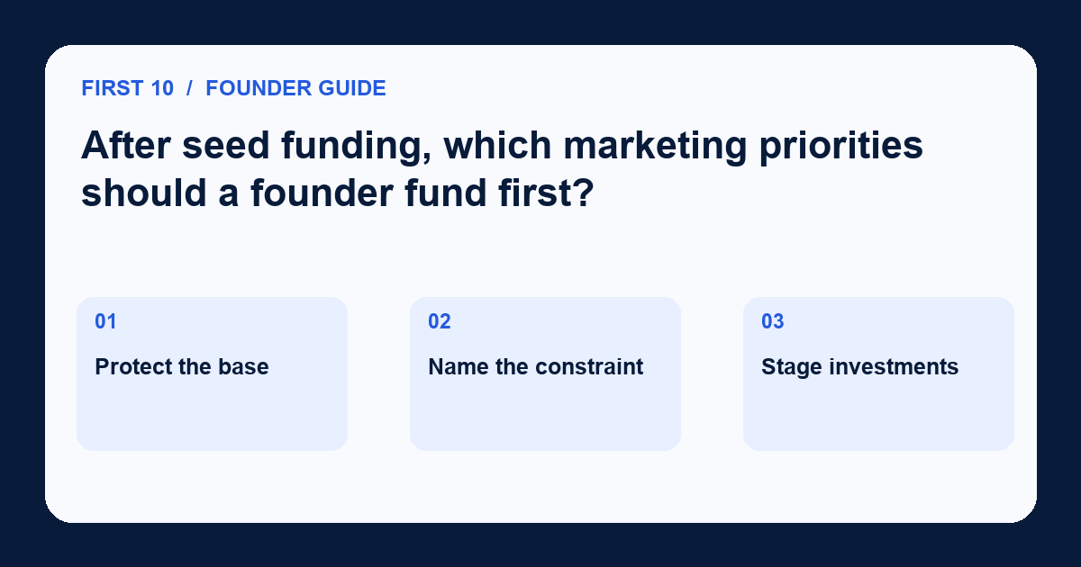 Diagram for After seed funding, which marketing priorities should a founder fund first?: Protect the base; Name the constraint; Stage investments.
